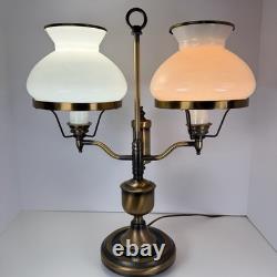 Vintage Mid Century DOUBLE ARM STUDENT Table Lamp with White Milk Glass Shades