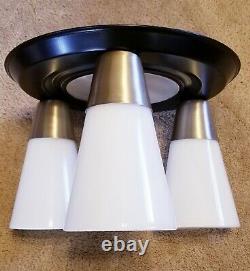 Vintage Mid Century Flush Mount 3 Light Fixture Milk Glass Cone Shades