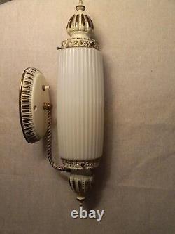 Vintage Mid Century HW Regency Electrical Workers Gold/White Milk Glass Sconce