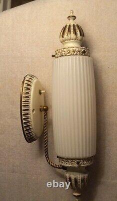 Vintage Mid Century HW Regency Electrical Workers Gold/White Milk Glass Sconce