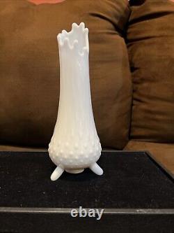 Vintage Mid Century L E Smith Milk Glass 3 Toed Swung Vase Hobnail