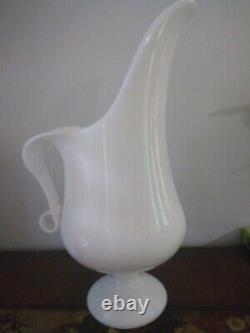 Vintage Mid Century MCM LE Smith Milk Glass Footed Swung Pitcher Vase 13 Tall