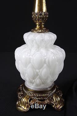 Vintage Mid Century Modern White Milk Glass Brass Table Lamp 4 Way Switch