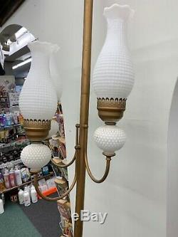 Vintage Mid Century Tension Pole Lamp 3 White milk glass hobnail hurricane light