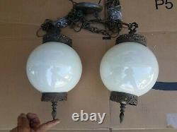 Vintage Mid-century Milk Glass Globe Ceiling Light Fixture Pair Art Deco Style
