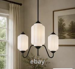 Vintage Milk Glass 3 Light Hanging Chandelier Hardwire- Black & Milky White