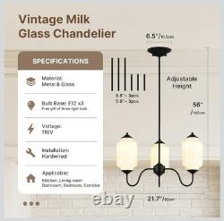 Vintage Milk Glass 3 Light Hanging Chandelier Hardwire- Black & Milky White