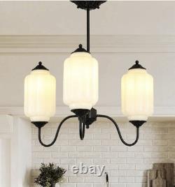 Vintage Milk Glass 3 Light Hanging Chandelier Hardwire- Black & Milky White