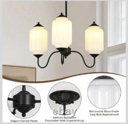 Vintage Milk Glass 3 Light Hanging Chandelier Hardwire- Black & Milky White
