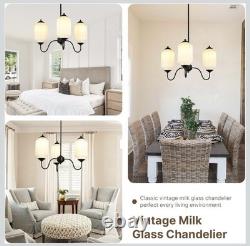 Vintage Milk Glass 3 Light Hanging Chandelier Hardwire- Black & Milky White