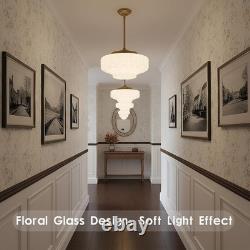 Vintage Milk Glass Chandelier with White Flowers, E26 Bulb Included, 11.8