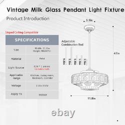 Vintage Milk Glass Chandelier with White Flowers, E26 Bulb Included, 11.8