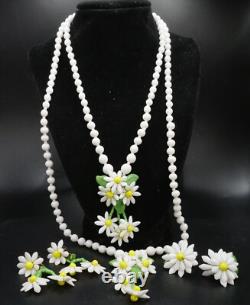 Vintage Milk Glass Daisy Double Strand Necklace & 2 Pairs of Earrings Germany