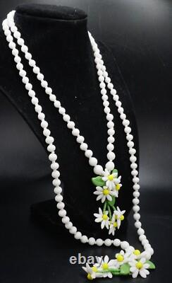 Vintage Milk Glass Daisy Double Strand Necklace & 2 Pairs of Earrings Germany