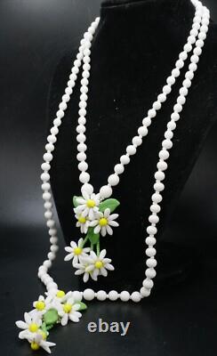 Vintage Milk Glass Daisy Double Strand Necklace & 2 Pairs of Earrings Germany