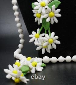 Vintage Milk Glass Daisy Double Strand Necklace & 2 Pairs of Earrings Germany
