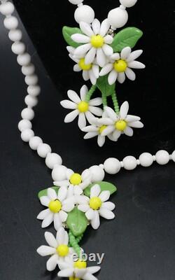 Vintage Milk Glass Daisy Double Strand Necklace & 2 Pairs of Earrings Germany