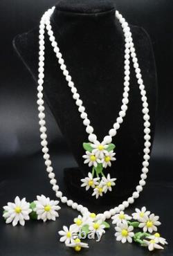 Vintage Milk Glass Daisy Double Strand Necklace & 2 Pairs of Earrings Germany