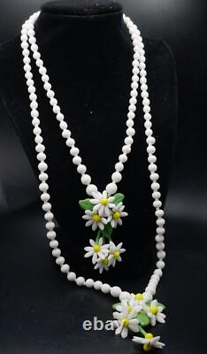 Vintage Milk Glass Daisy Double Strand Necklace & 2 Pairs of Earrings Germany