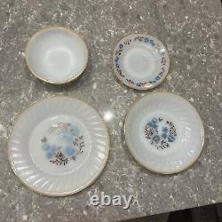 Vintage Milk Glass Dinnerware Dish Set Blue Floral Termocrisa Mexico 16pc