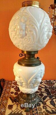 Vintage Milk Glass Gone with the Wind Hurricane Table Lamp Embossed Glass