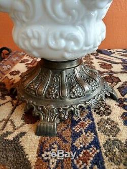 Vintage Milk Glass Gone with the Wind Hurricane Table Lamp Embossed Glass