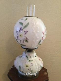 Vintage Milk Glass Gone with the Wind Hurricane Table Lamp Embossed Hand Painted