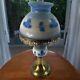 Vintage Milk Glass Hand Painted Student Lamp Brass Shade Table Blue White Floral