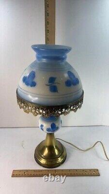 Vintage Milk Glass Hand Painted Student Lamp Brass Shade Table Blue White Floral