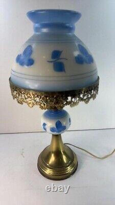 Vintage Milk Glass Hand Painted Student Lamp Brass Shade Table Blue White Floral