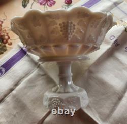 Vintage Milk Glass Pedestal Fruit Compote Bowl Grape Pattern Crimped Ruffle Edge