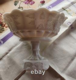 Vintage Milk Glass Pedestal Fruit Compote Bowl Grape Pattern Crimped Ruffle Edge