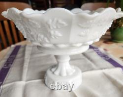 Vintage Milk Glass Pedestal Fruit Compote Bowl Grape Pattern Crimped Ruffle Edge