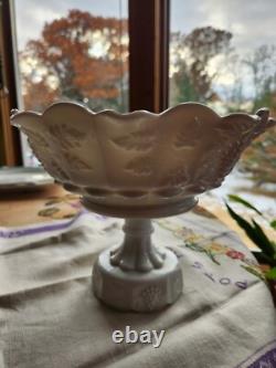 Vintage Milk Glass Pedestal Fruit Compote Bowl Grape Pattern Crimped Ruffle Edge