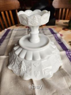 Vintage Milk Glass Pedestal Fruit Compote Bowl Grape Pattern Crimped Ruffle Edge