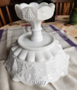 Vintage Milk Glass Pedestal Fruit Compote Bowl Grape Pattern Crimped Ruffle Edge
