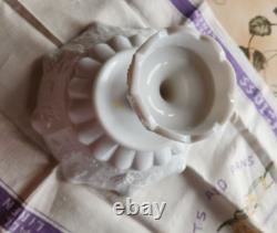 Vintage Milk Glass Pedestal Fruit Compote Bowl Grape Pattern Crimped Ruffle Edge