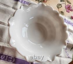 Vintage Milk Glass Pedestal Fruit Compote Bowl Grape Pattern Crimped Ruffle Edge