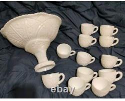 Vintage Milk Glass Punch Bowl Set Nos Early American 14 Pc. Concord