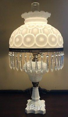 Vintage Milk Glass White Moon and Stars Pattern LG Wright Electric Lamp Prisms