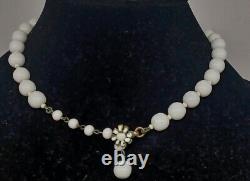 Vintage Miriam Haskell Choker White Milk Glass Beads With Floral Theme Hook