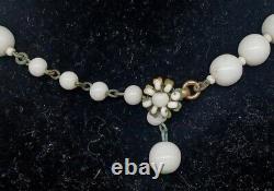 Vintage Miriam Haskell Choker White Milk Glass Beads With Floral Theme Hook