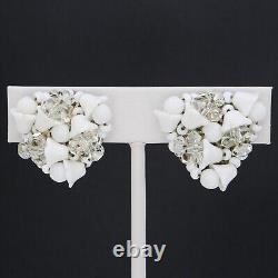 Vintage Miriam Haskell Crystal and White Milk Glass Bellflower Clip On Earrings