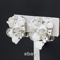 Vintage Miriam Haskell Crystal and White Milk Glass Bellflower Clip On Earrings