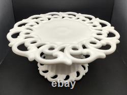 Vintage Monroe White Milk Glass by Fostoria Pedestal Cake Stand Lace Scroll