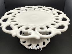 Vintage Monroe White Milk Glass by Fostoria Pedestal Cake Stand Lace Scroll