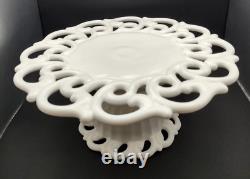 Vintage Monroe White Milk Glass by Fostoria Pedestal Cake Stand Lace Scroll