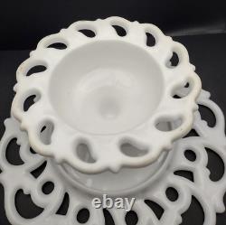 Vintage Monroe White Milk Glass by Fostoria Pedestal Cake Stand Lace Scroll