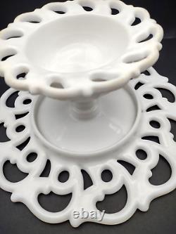 Vintage Monroe White Milk Glass by Fostoria Pedestal Cake Stand Lace Scroll