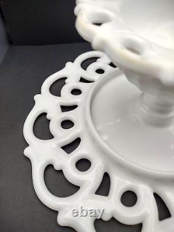 Vintage Monroe White Milk Glass by Fostoria Pedestal Cake Stand Lace Scroll